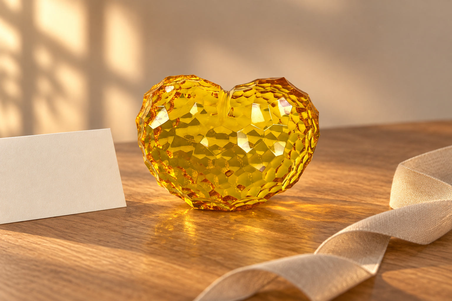 Golden faceted glass heart beside a personal note