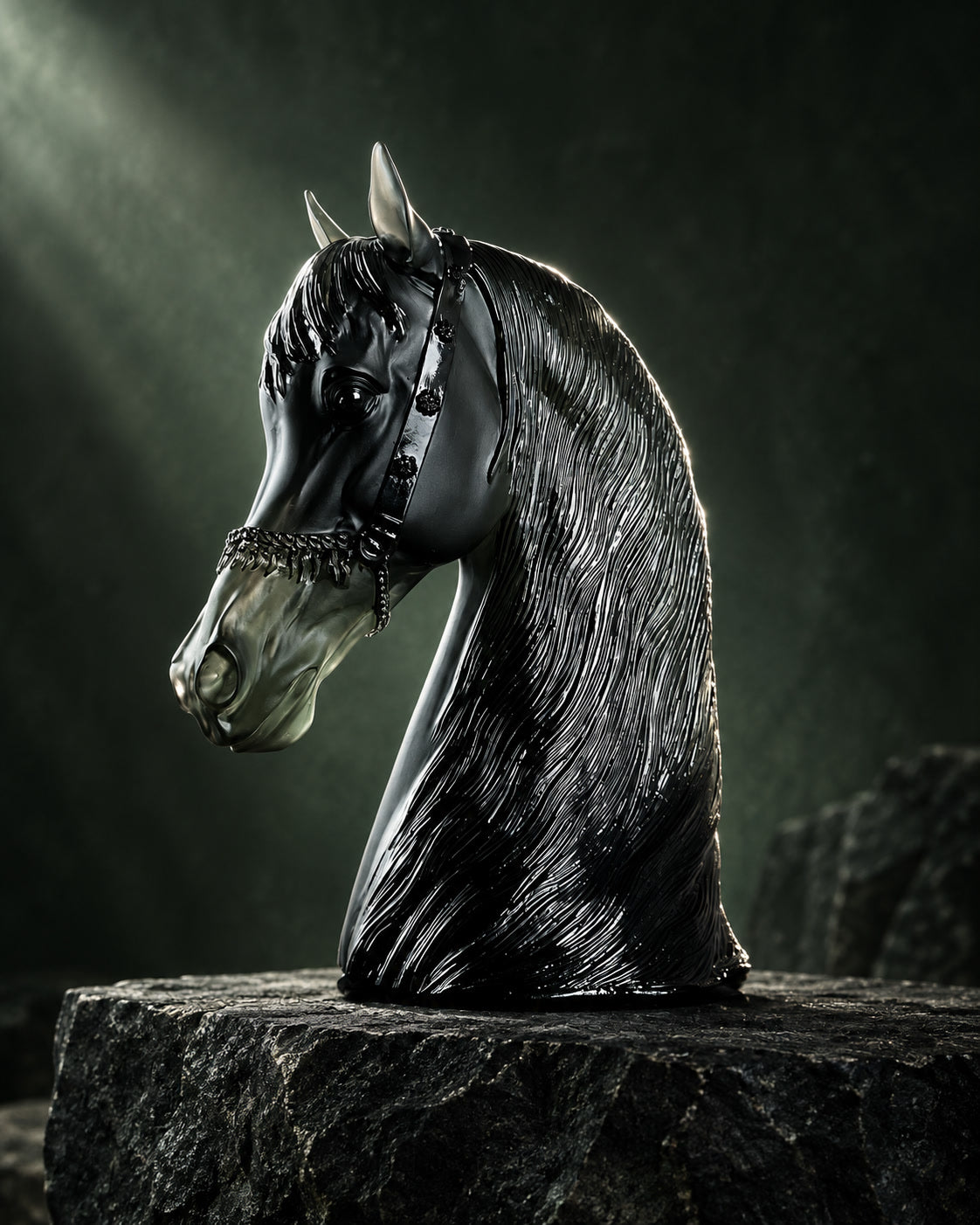 Black glass horse sculpture in dramatic forest-toned light