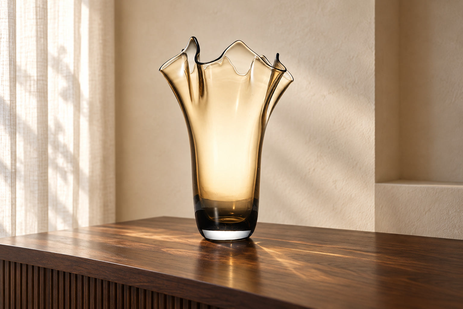 Dawn Blossom champagne amber glass vase in a digitally styled sunlit walnut interior