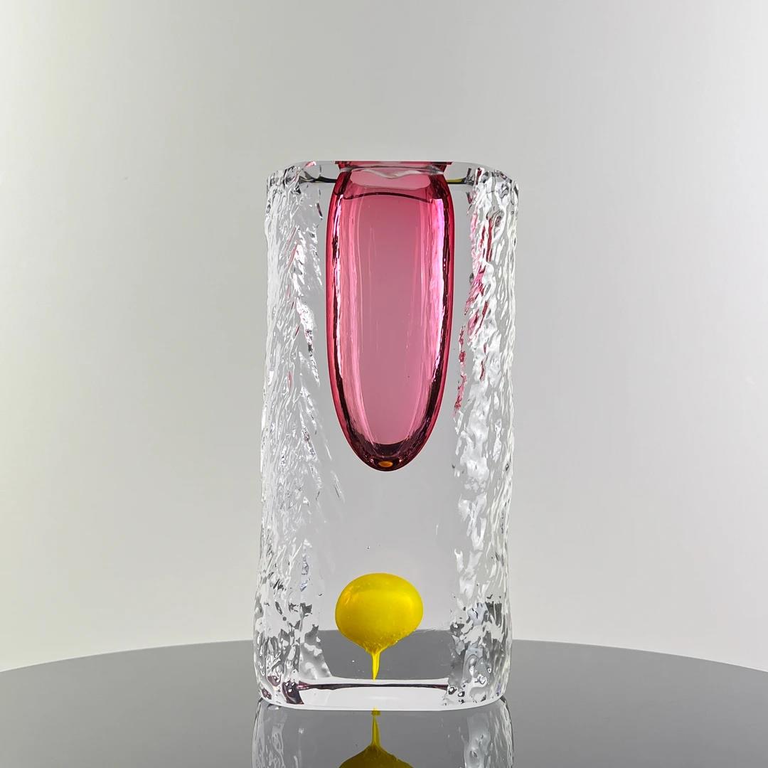 Murrana【Source of Light and Shadows】 Double-cut golden red flower vase artistic design pure handmade crystal glass flower vase ornaments