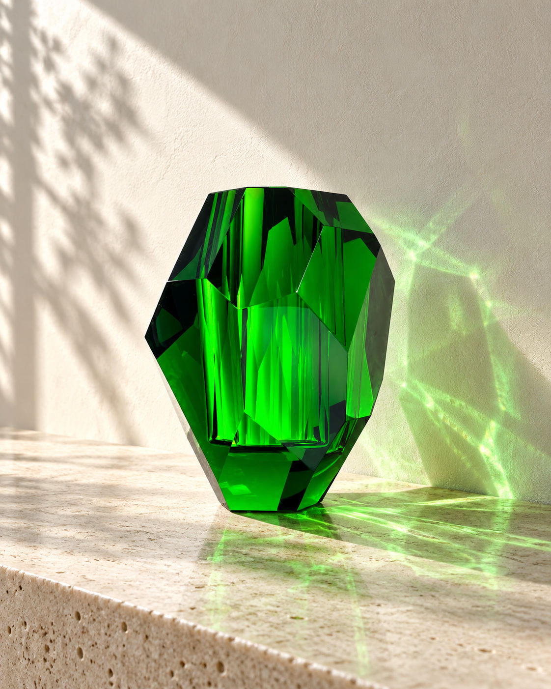 Core Prism glass artwork in a sunlit setting with green refraction