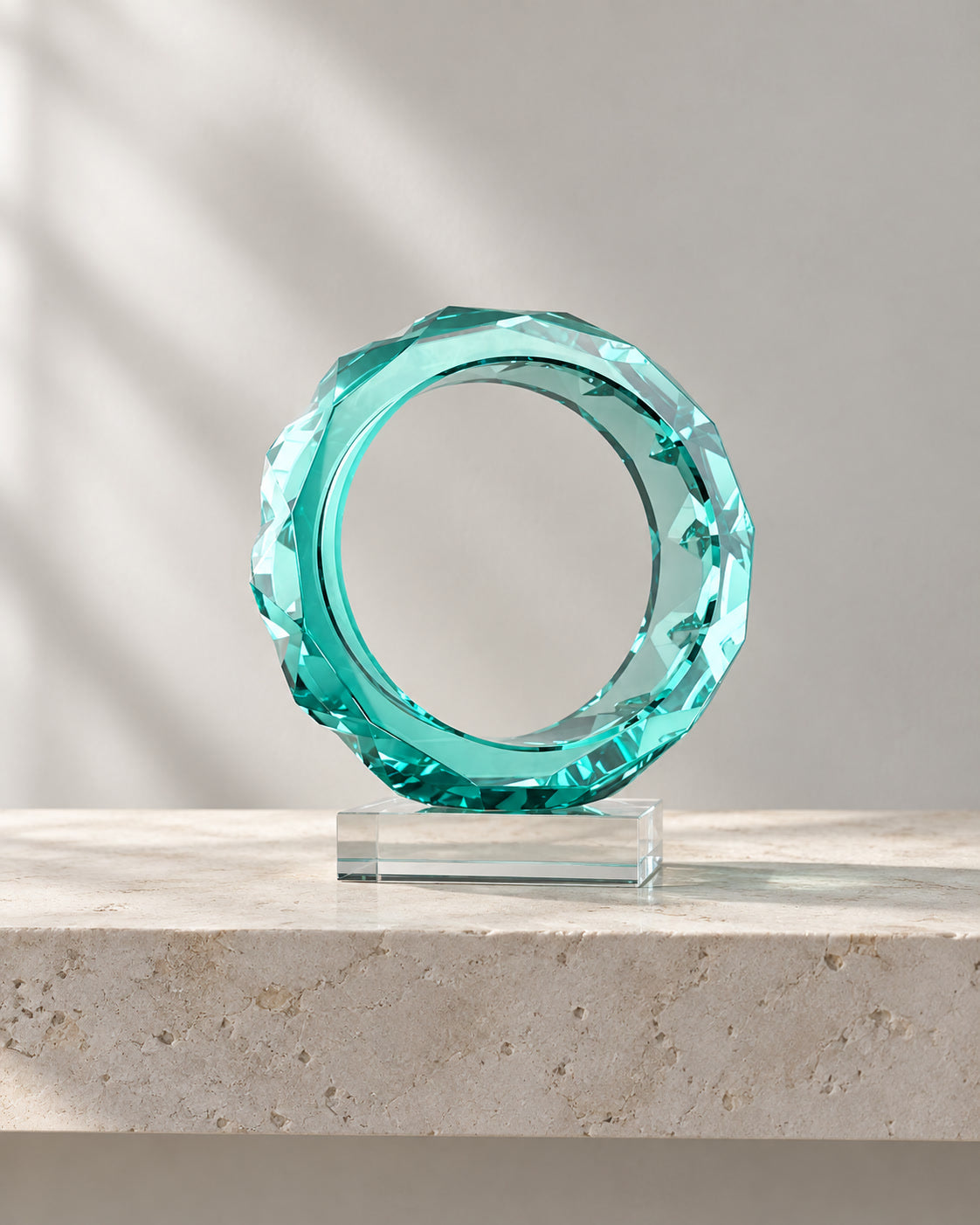 Aqua faceted glass ring with a transparent rectangular base
