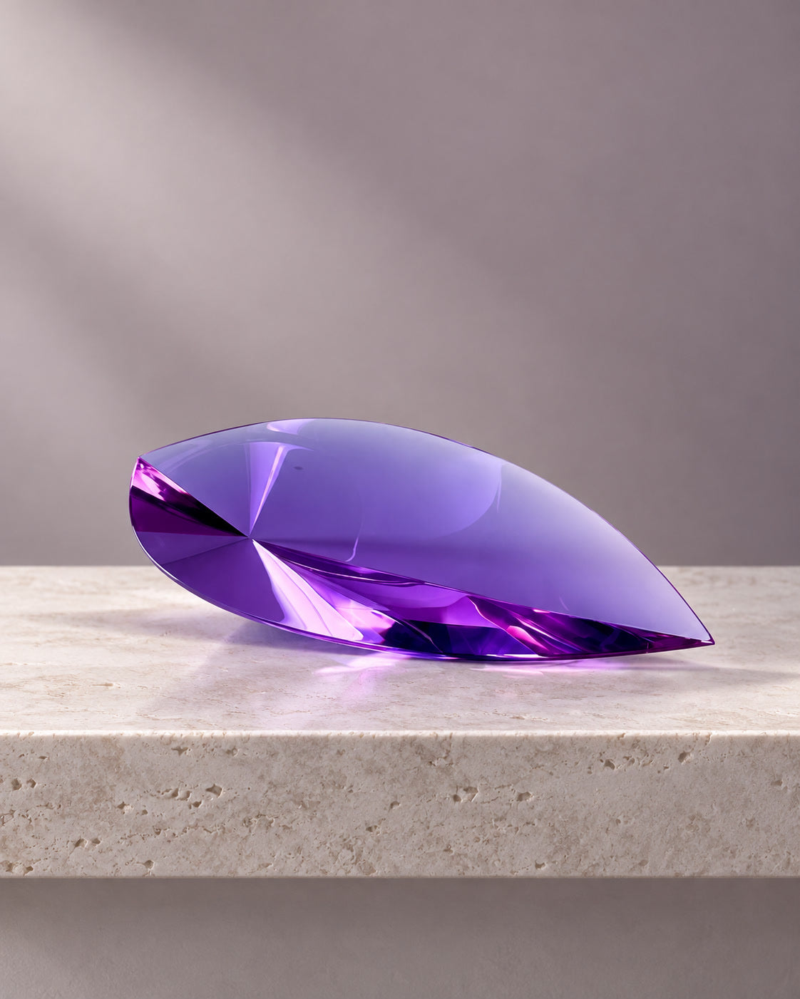Purple abstract faceted glass form in directional light