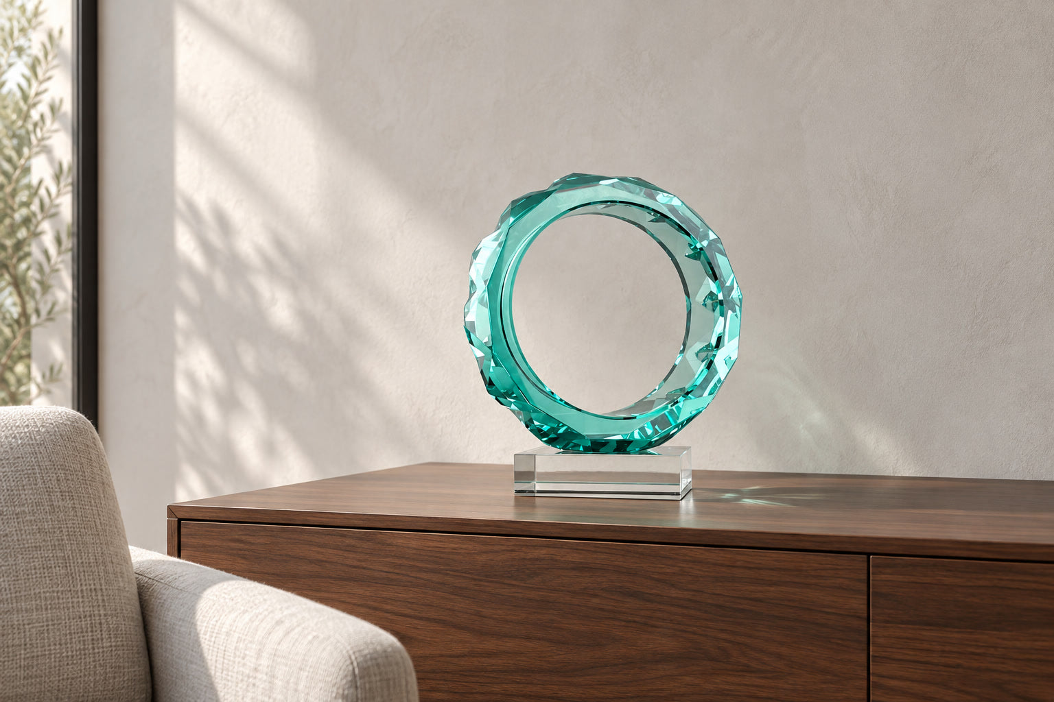 Circle of Continuity aqua glass ring on a walnut console