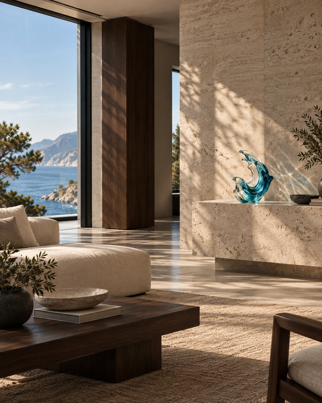 Styled interior visualization with a blue wave glass sculpture, travertine console, cream sofa and natural sunlight