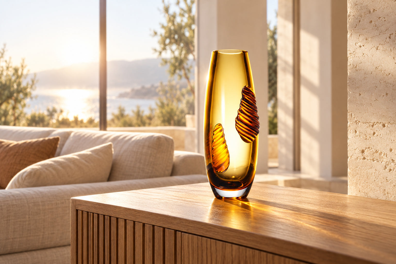 Amber Autumn Sense glass vase as the focal point of a sunlit living room